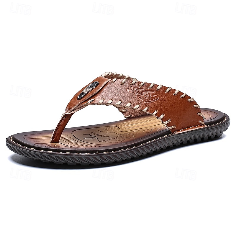 Chanclas vintage de piel sintética marrón para hombre: sandalias de verano con punta abierta hechas a mano con suela antideslizante para playa, viajes y uso informal 2025 - $29.99 –P2