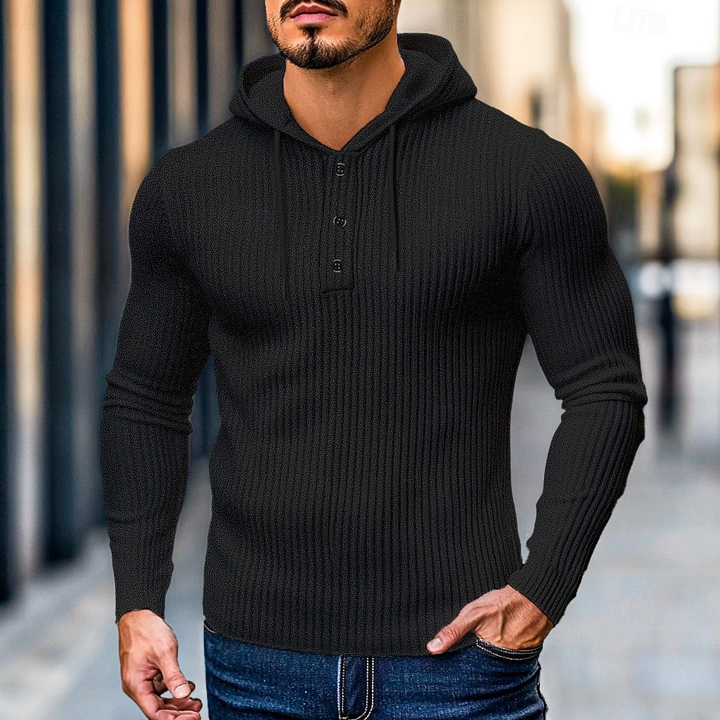 Herr Ribbstickad t-shirt T-tröja Långärmad tröja Långärmad Huva Henley Vår & Höst Ensfärgat Dagligen Ledigt Gatustil Huva Utomhus Gata Casual Ljusblå Svart Vit Topp t-shirt för män 2025 - $22.99 –P10