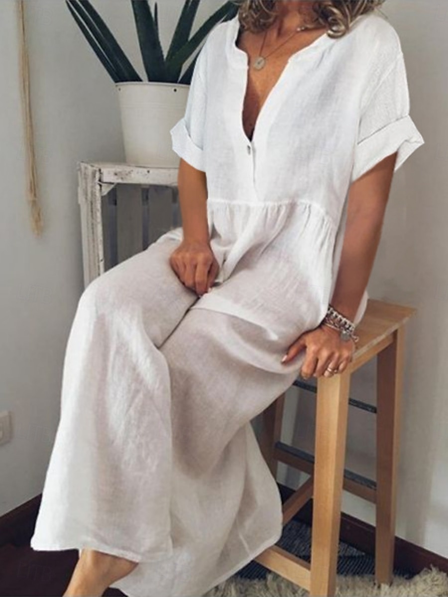 Women's Maxi Dress Cotton Linen Dresses Casual Dress Basic Casual Vacation Daily Regular Fit Plain Short Sleeve V Neck Black White Purple Light Blue Summer 2025 - $26.99 –P3