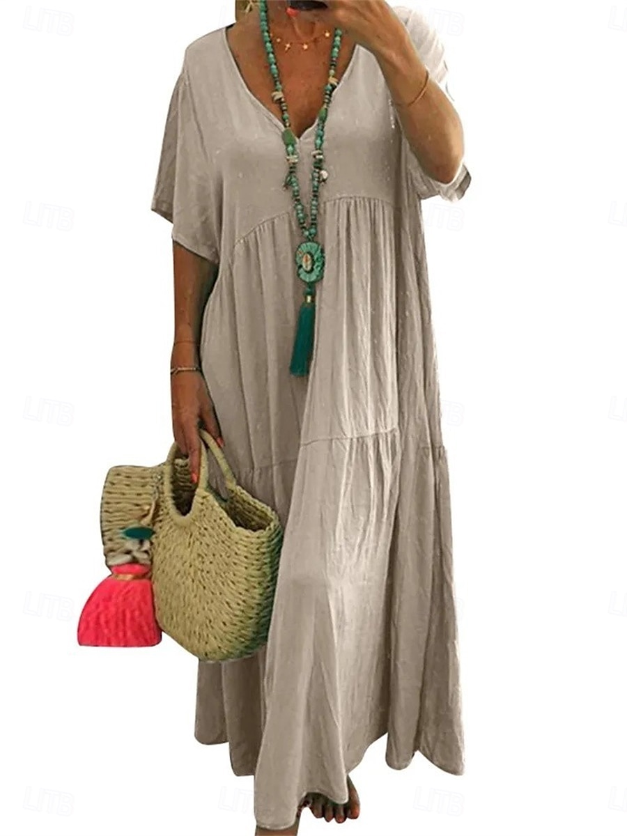 Damen Maxikleid Baumwoll-Leinen-Kleider Freizeitkleid Basic Lässig Urlaub Täglich Lässiger Schnitt Einfach Kurzarm V Ausschnitt Orange Grün Khaki Dunkelblau Sommer Frühling 2025 - $28.99 –P2