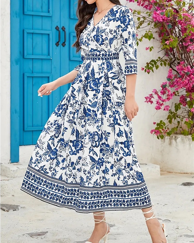Dámské Midi šaty Áčkové šaty Letní šaty Boho šaty Elegantní stylové Geleneksel Dovolená Denní Rande Běžný Květinový 3/4 délka rukávu Do V Vodní modrá Léto 2025 - $25.99 –P1