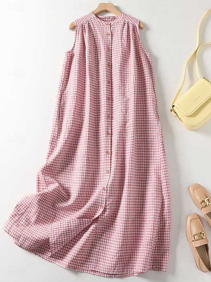 Mujer Vestido maxi Vestidos de lino y algodón Vestido informal Vestido de Tanque Vestido largo de algodón Básico Casual Vacaciones Diario Ajuste regular Plaid Sin Mangas Escote en Pico Rojo Verano 2025 - $36.99 –P1