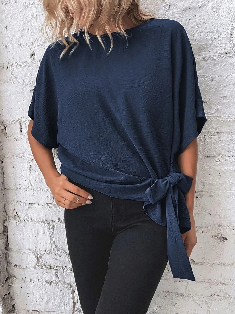 Dame Bluse Helfarge Stilfull Fritid Kortermet Crew-hals Vanlige topper Daglig Asymetrisk kant Navyblå Grønn Sommer Vår Høst 2025 - $23.99 –P8