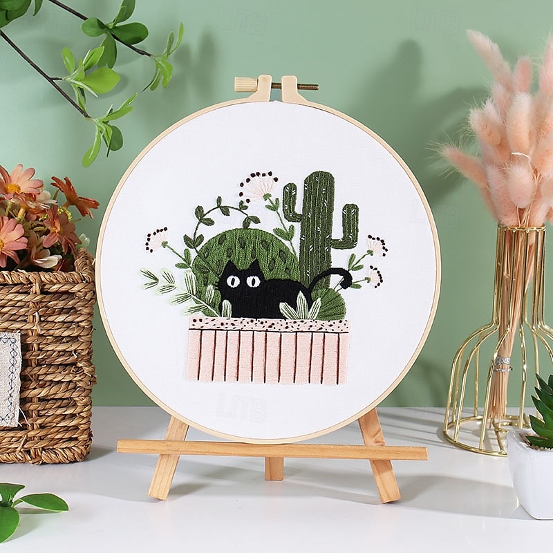 simpatico kit di ricamo a forma di gatto per principianti adulti, kit di punto croce timbrato per principianti include telai per ricamo a punto croce, aghi, fili e istruzioni del 2025 a $7.99 –P7