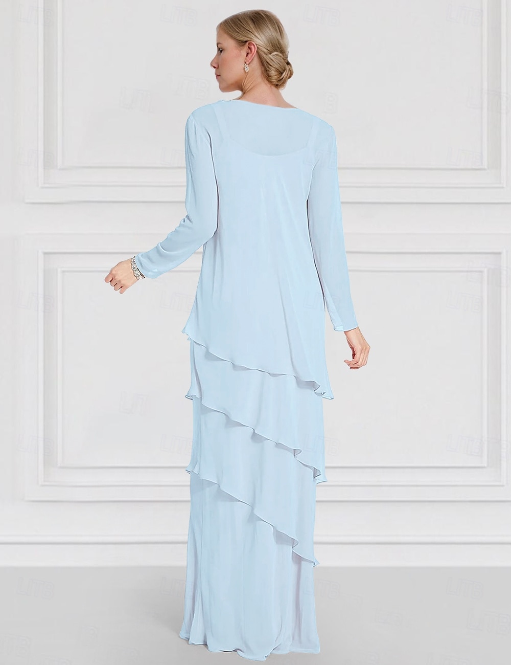 Jackenkleid Brautmutter Langarm mit Spitzen-Rüschen Chiffon Elegant Vintage Rundhals Bodenlang Kleid Cascading Rüschen 2025 - $183.99 –P2