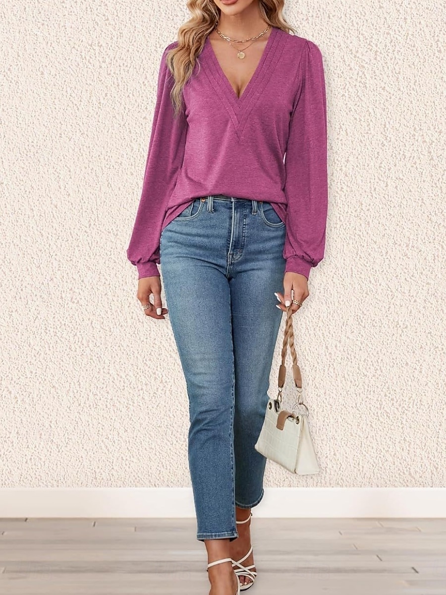 Femme Chemise Chemisier Couleur unie mode Décontractées manche longue Col V Hauts réguliers du quotidien Fuchsia Vert Eté Printemps de 2025 ? $28.99 –P4