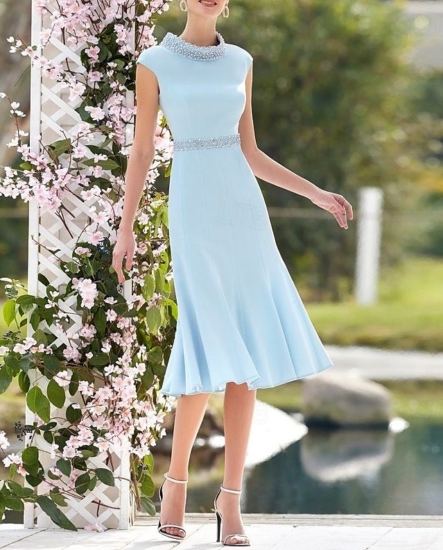 Completi Blu Abito per la Madre della Sposa Formale Ospite di Matrimonio Elegante Vintage Collo Gioiello Lunghezza Tè Tessuto Elasticizzato Manica 3/4 con Pizzo Perle Abito per Giorno di Corse del 2025 a $173.99 –P3
