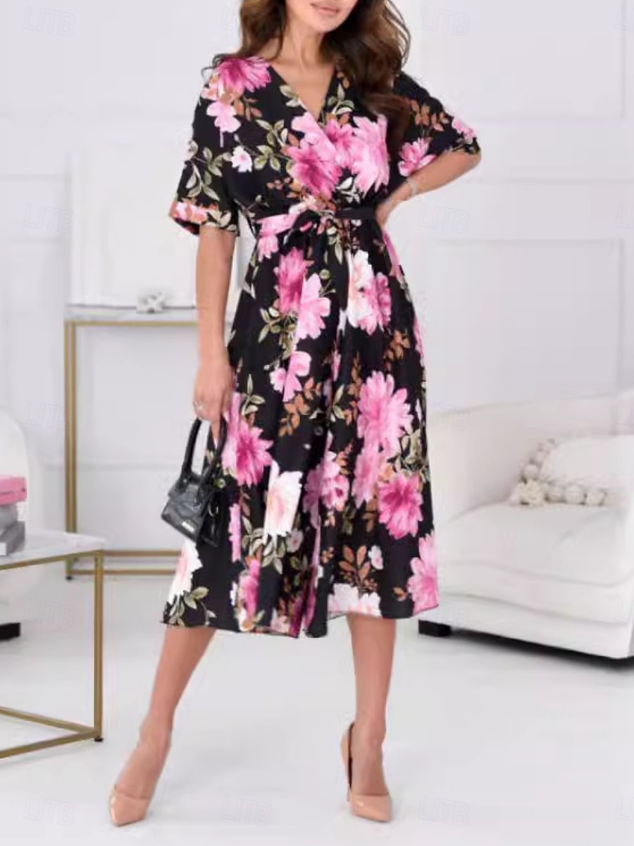 Mujer Normal Mono Activo Floral Media Manga Escote en Pico Alta cintura Vacaciones Diario Ajuste regular Negro Verano 2026 - $35.99 –P1
