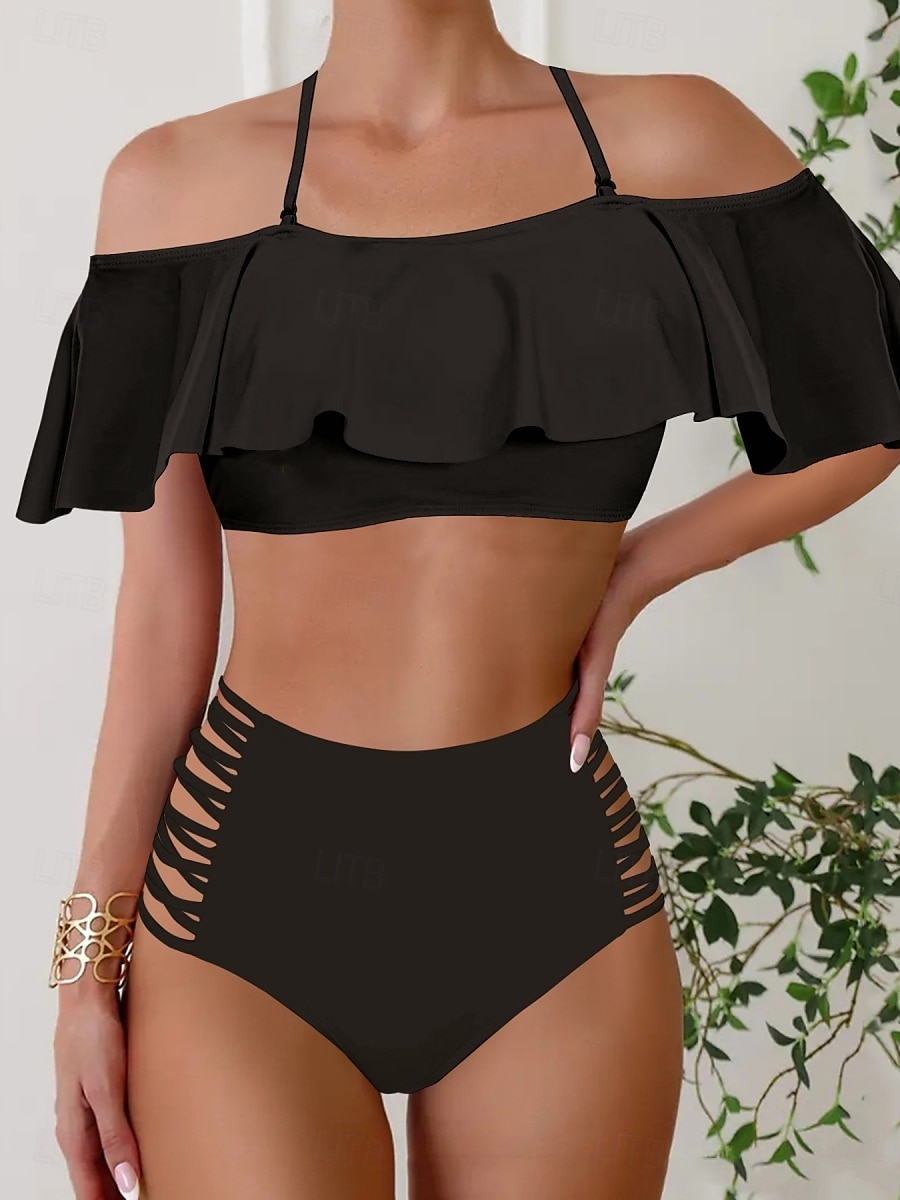Dam Badkläder Bikini 2 st Kalsonger Baddräkt Volang Öppen rygg Smal Hög midja Semester Standkläder Ensfärgat Halterneck Kort ärm Baddräkter 2025 - $27.99 –P1
