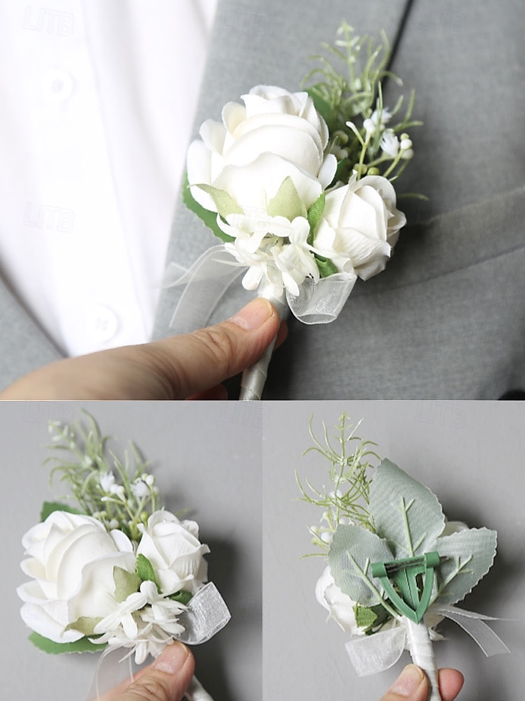 elegant vit ros handled corsage och boutonniere set - konstgjorda blommiga tillbehör för bröllop, tärnor och formella evenemang 2026 - $7.99 –P2