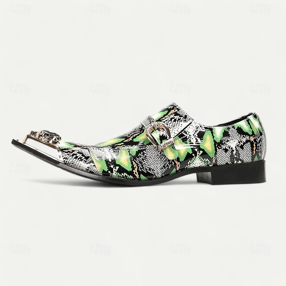 Grüne Slipper für Herren aus Leder mit Schlangenmuster, Metallschnalle und dekorativer Zehenkappe – elegante Schuhe aus hochwertigem Rindsleder im exotischen Stil für Partys und formelle Anlässe 2025 - $119.99 –P3