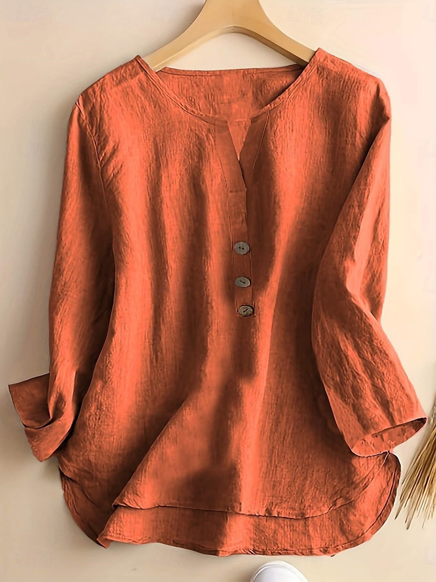Femme Chemise Chemisier Couleur unie mode Décontractées Manches 3/4 Col Ras du Cou Hauts réguliers du quotidien Boutons Noir Blanche Rose Claire bleu marine Orange Eté Printemps de 2025 ? $29.99 –P5