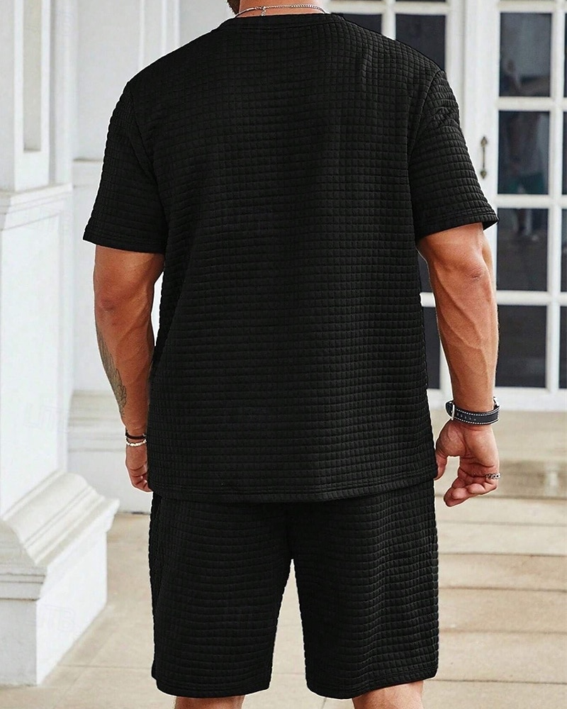 Hombre Waffle Tracksuit Camiseta y pantalones cortos Conjunto Conjunto de atuendo Cuello Barco Exterior Diario Deportes Bolsillo Correa 2 Piezas Plano Negro Blanco Caqui Poliéster Ropa de Deporte 2026 - $37.99 –P6