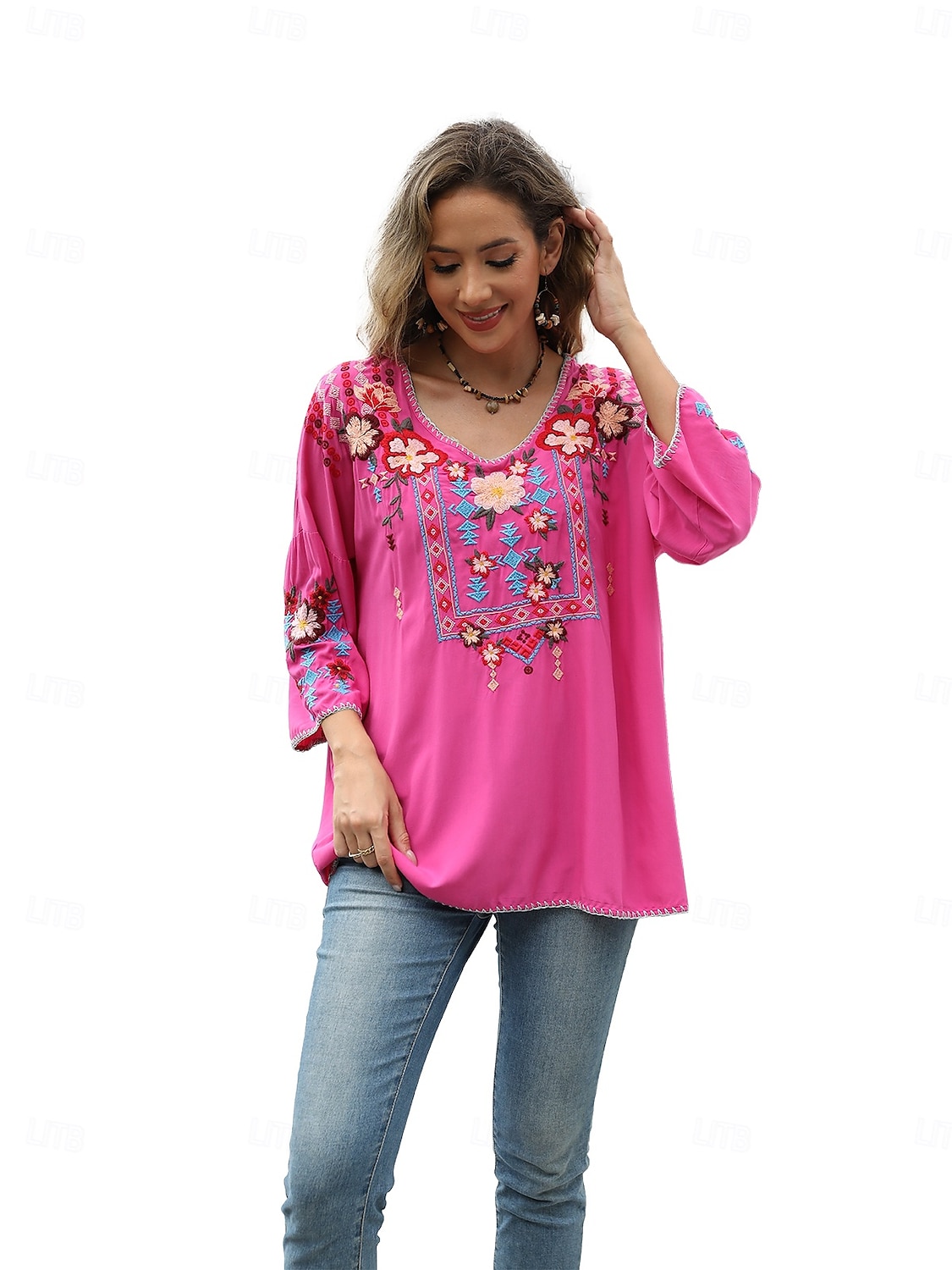Dame Boho skjorte Helfarge Blomstret Bohem Daglig Luksuriøs 3/4 ermer 3/4-ermer Crew-hals Vanlige topper Arbeid Daglig Ut på byen Broderi Svart Gul Rose Rosa Sommer 2025 - $52.99 –P8