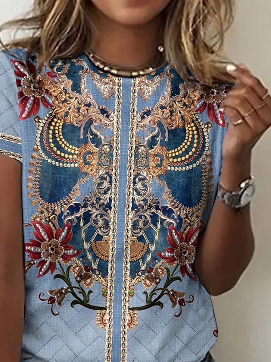 Dame T skjorte Grafisk Årgang Elegant Årgang Mote Kortermet Rund hals Vanlige topper Daglig Ut på byen Helg Trykt mønster Dusty Blue Sommer 2025 - $19.99 –P2