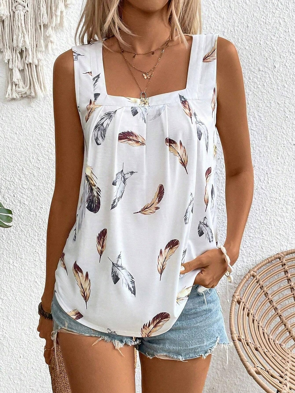 Női Top Camisole Levél Stílusos Rövid Ujjú Négyzet Nyak Rendszeres Felsők Napi Nyomtatás Fehér Nyár 2025 - $17.99 –P3
