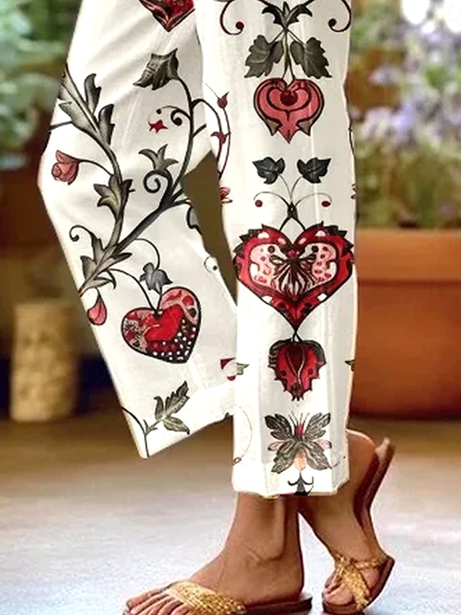 Kvinnors Bomull Linne Byxor Baggy Byxor Linne Likt Elegant Vintage Mode Full längd Hög Midja Blommönster Tryckning Andningsbar Mjuk Mikro-elastisk Utomhus Vardags Linne Likt risvit Regular Fit 2025 - $32.99 –P3