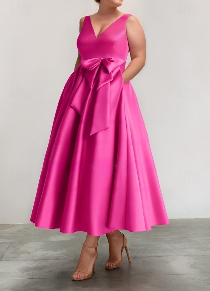 A-Linie Brautjungfernkleid V-Ausschnitt Ärmellos Elegant Knöchellänge Satin mit Schleife(n)  Falten 2025 - $162.99 –P3