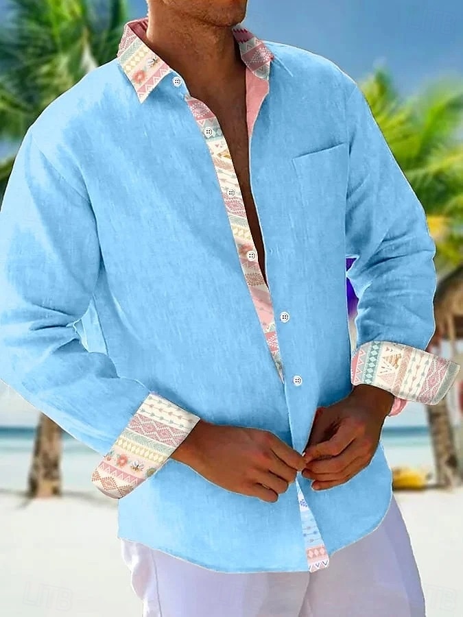 Miesten Paita Kesä paita Rento paita Rantapaita Button Up paita Valkoinen Punastuvan vaaleanpunainen Taivaan sininen Oranssi Pitkähihainen Tavallinen Kuvio Kauluskäänne Loma Havaijilainen Painike alas 2025 - $25.99 –P2