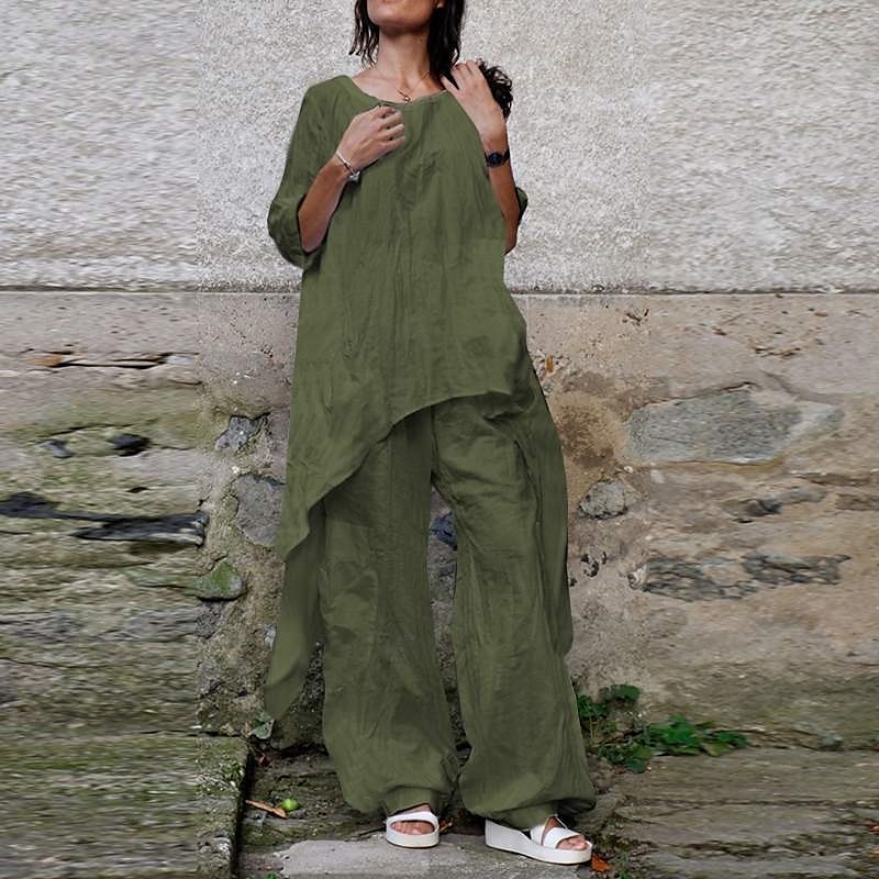 Damen Streetwear Betrübt Hemd Baumwoll-Leinen-Sets Zweiteilige Sets Leinenhosen Hosen Hose Halbarm Rundhalsausschnitt Einfarbig Kordelzug Alltagskleidung Date Armeegrün Marineblau Khaki Sommer 2025 - $29.99 –P6