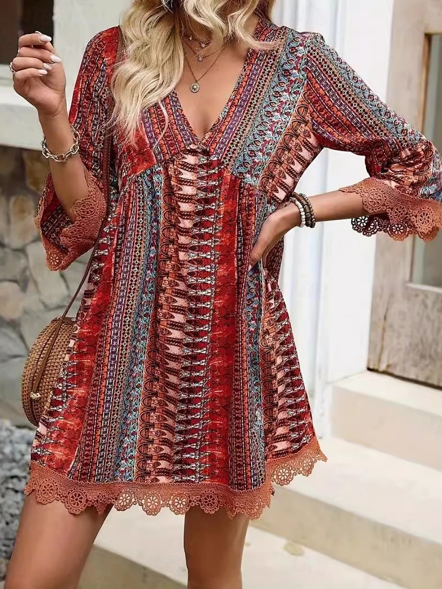 Damskie Sukienka mini Codzienne sukienki Sukienka Boho Elegancki Codzienny Urlop Codzienny Regularny Graficzny Geometryczny Rękaw 3/4 W serek Rumiany róż Czerwony Niebieski Lato 2025 - $23.99 –P6