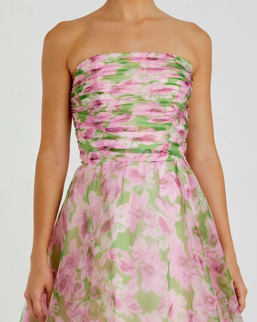 Rosa Blommig A-linjead Prom Klänningar Chiffon Elegant Formell Bröllop Klänning Gäst Golvlång Ärmlös Axelbandslös Bröllopsgästklänning 2025 - $183.99 –P3