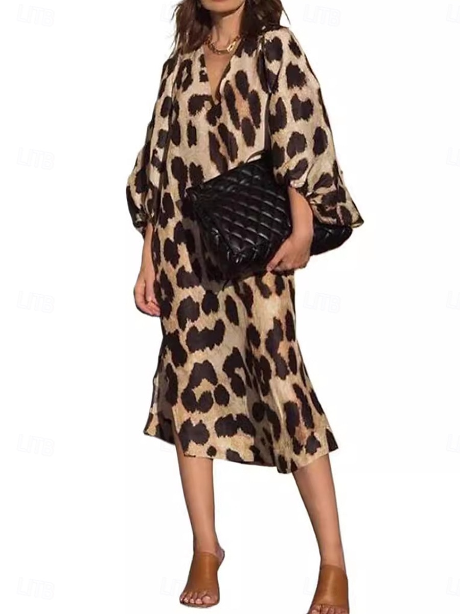 Women's Midi Dress Shift Dress Summer Dress Puff Sleeve Dress Casual Vacation Daily Regular Fit Leopard Short Sleeve V Neck Leopard Summer 2025 - $27.99 –P5