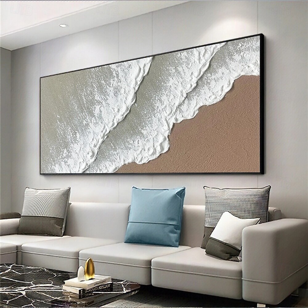 peinture à l'huile sur toile faite à la main représentant des vagues de l'océan, peinture abstraite de plage peinte à la main, art mural blanc, peinture texturée 3D marron, peinture de plage marron, de 2025 ? $75.99 –P7