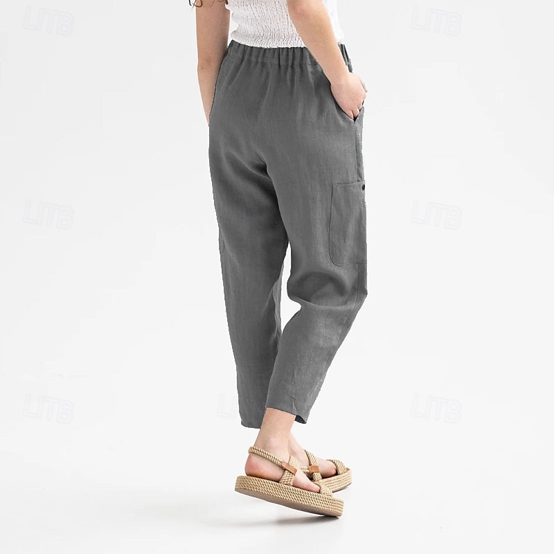 Women's Cotton Linen Pants Pants Trousers Palazzo Pants Fashion Streetwear Comfort Full Length High Waist Plain Elastic Waist Comfy Outdoor Comfortable Street Daily Wear Going out Dark Grey Black 2025 - $18.99 –P4