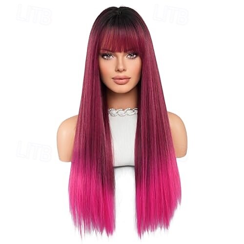 peruk med bang för kvinnor lång rak peruk syntetisk peruk för tjej emo cosplay och dagligt bruk 2025 - $28.99 –P3