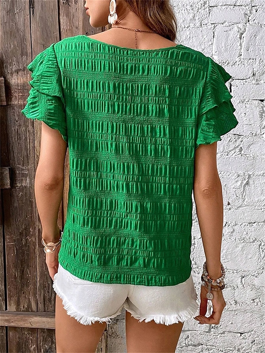 Women's Blouse Solid Color Elegant Daily Stylish Short Sleeve Crew Neck Regular Tops Daily Holiday Going out Ruffle Patchwork Sage Green Red Navy Blue Purple Green Summer Spring 2025 - $22.99 –P25