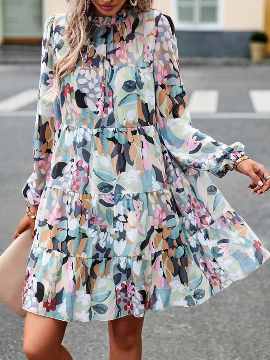 Women's Mini Dress Casual Dress A Line Dress Stylish Casual Vacation Daily Regular Fit Floral Long Sleeve Stand Collar Green Apricot Summer 2025 - $42.99 –P1
