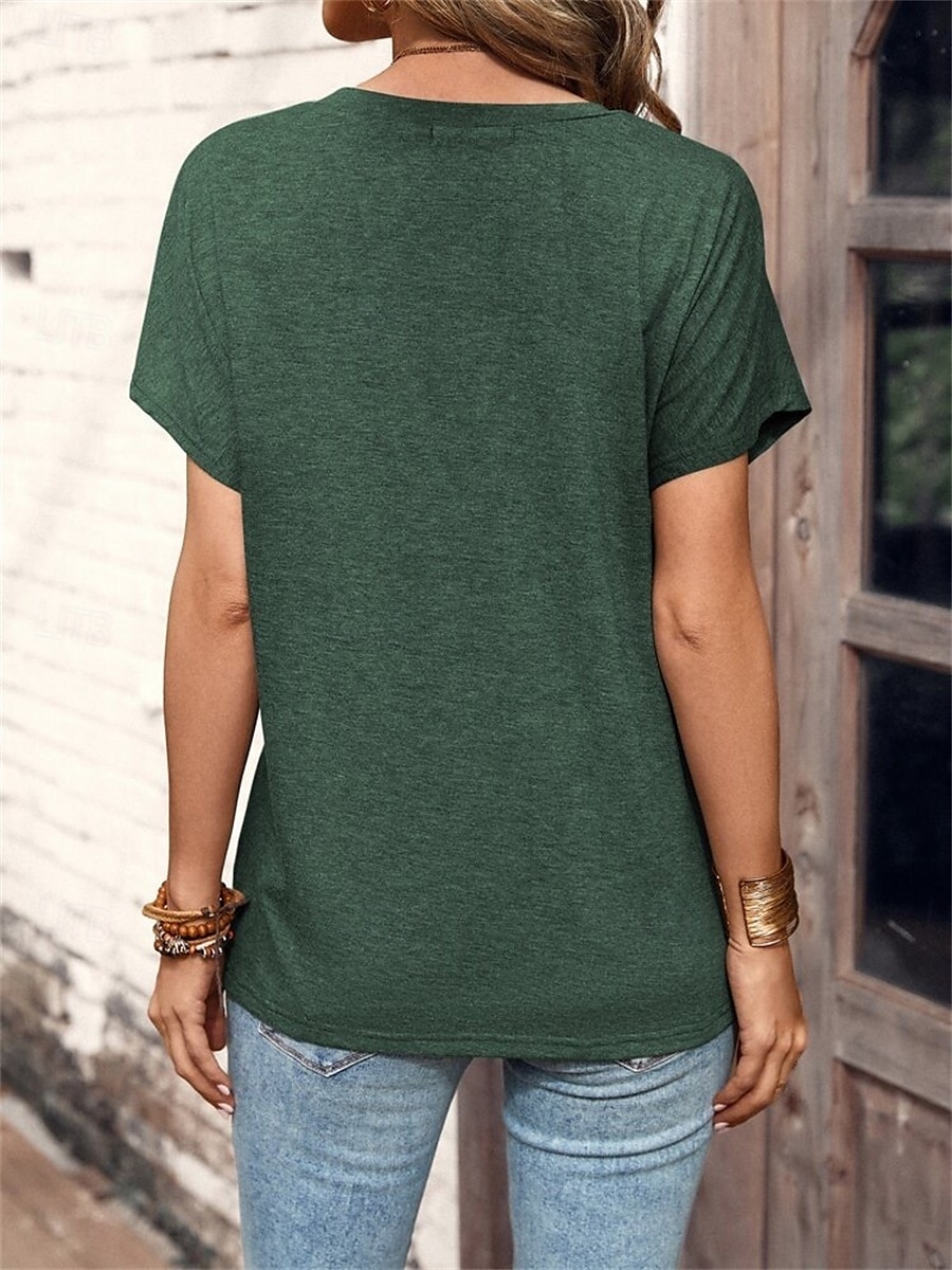Pentru femei Tricou Simplu Modă Modern Casual Manșon scurt În V Topuri obișnuite Zilnic Sfârșit de săptămână Peteci Nasturi Roz Îmbujorat Albastru piscină Maro Trifoi Vară Primăvară 2025 - $21.99 –P7