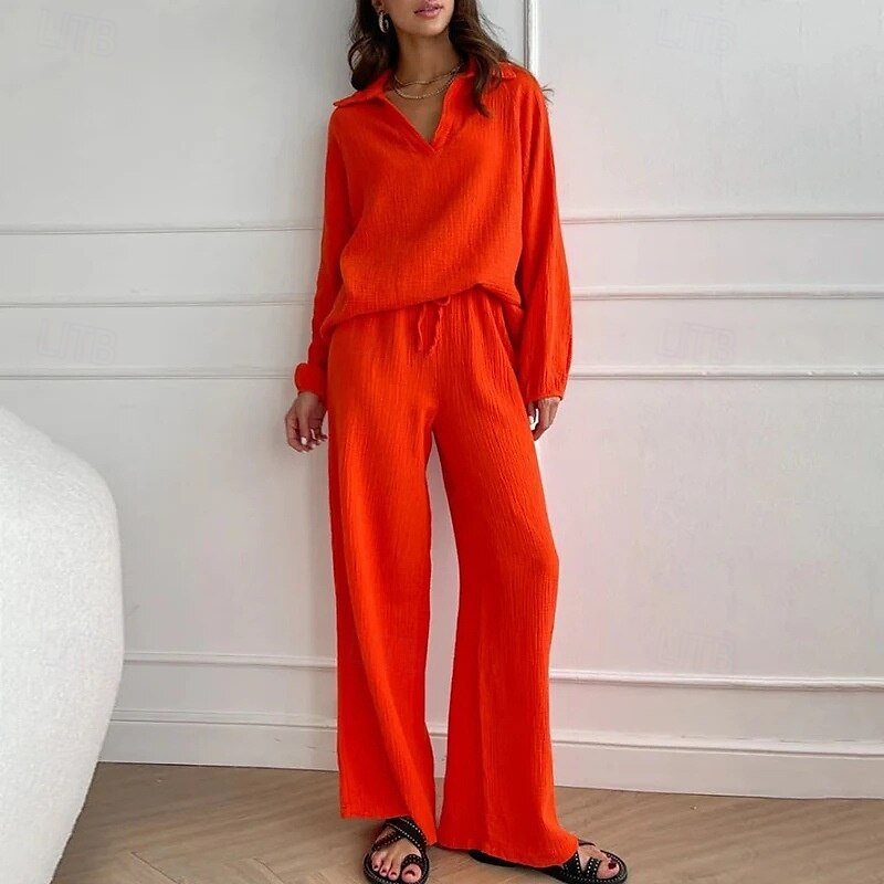 Women's Fashion Streetwear Shirt Two Piece Sets Linen Pants Pants Trousers Long Sleeve Shirt Collar Solid Color Drawstring Daily Wear Date Black White Orange Summer Regular Fit 2025 - $28.99 –P5