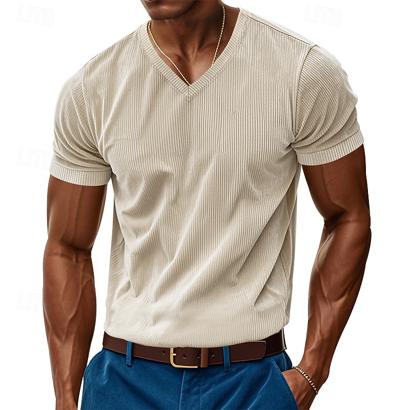 Men's Corduroy Shirt Short Sleeve Shirt Tee Top Short Sleeve V Neck Spring & Summer Summer Solid Color Pit Strip Sports Daily V Neck Warm Casual Outdoor Navy Blue Top Tee for Men 2026 - $25.99 –P9