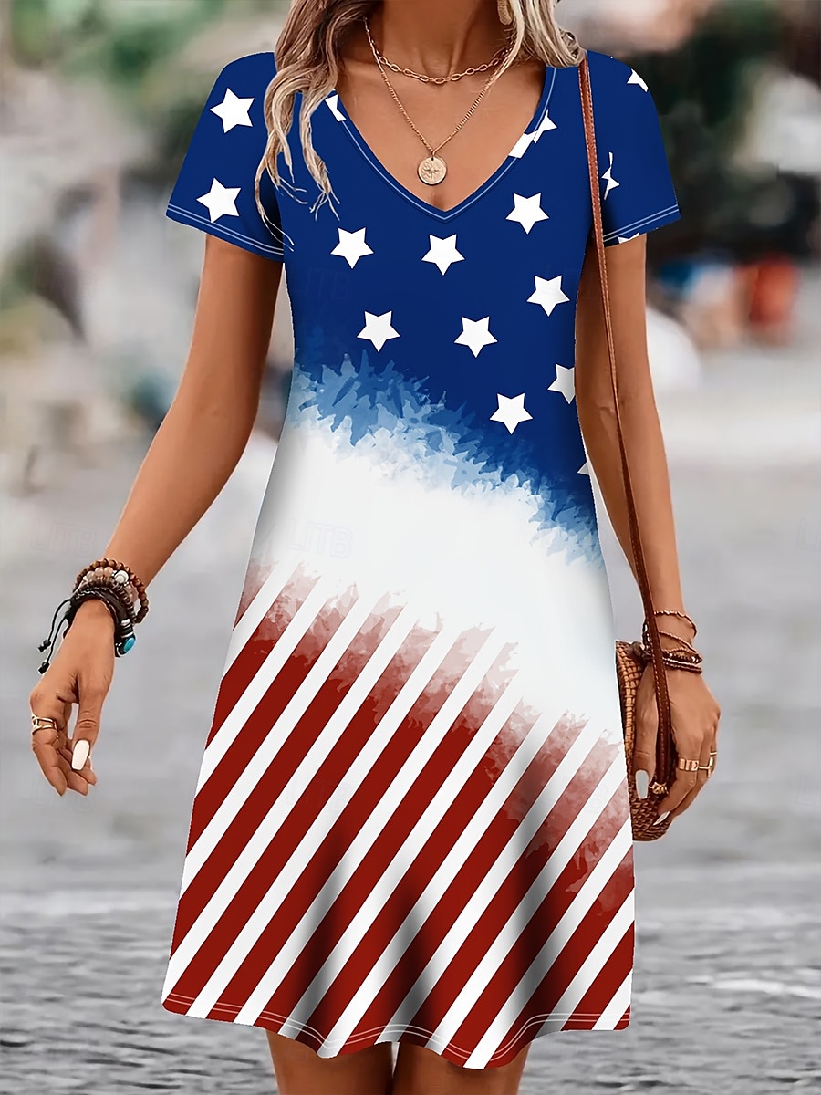 Independence Day Women's Mini Dress Casual Dress Stylish Casual Daily Regular Fit Flag Short Sleeve Crew Neck Blue Summer 2025 - $22.99 –P1