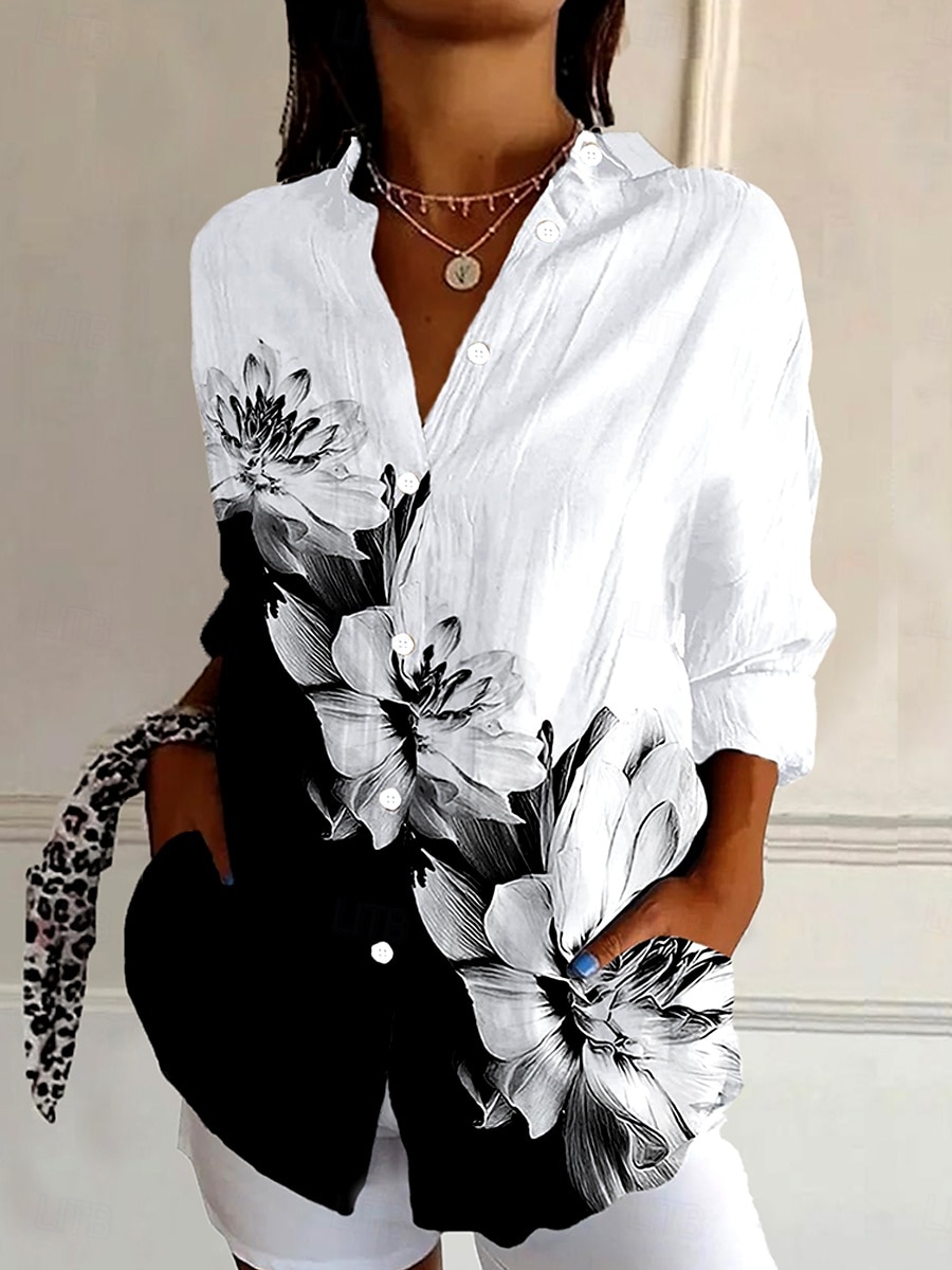 Camicia da donna a manica lunga in cotone blouse floreale grafica stile quotidiano retro vintage camicia a manica 3/4 colletto top regolari vacanze quotidiane uscire bottoni neri estate primavera del 2025 a $32.99 –P1