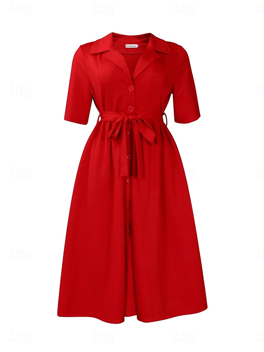 Damen Midikleid blusenkleid A Linie Kleid Elegant Ausgefallene Arbeit Regular Fit Glatt Halbe Ärmel Hemdkragen Rote Königliches Blau Aprikose Sommer 2026 - $41.99 –P11