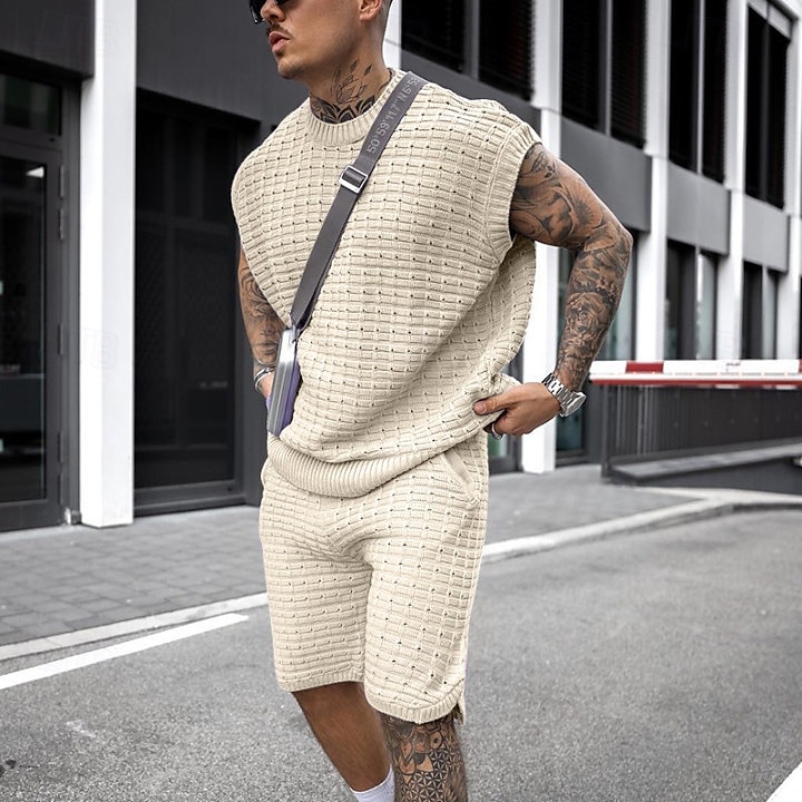 Homens Conjunto de shorts e camiseta Conjunto de T Sem Manga Crewneck Côr Sólida Roupa de Malha Tricotado Férias Roxo Bege Top Tee para Homens de 2025 por $40.99 –P12