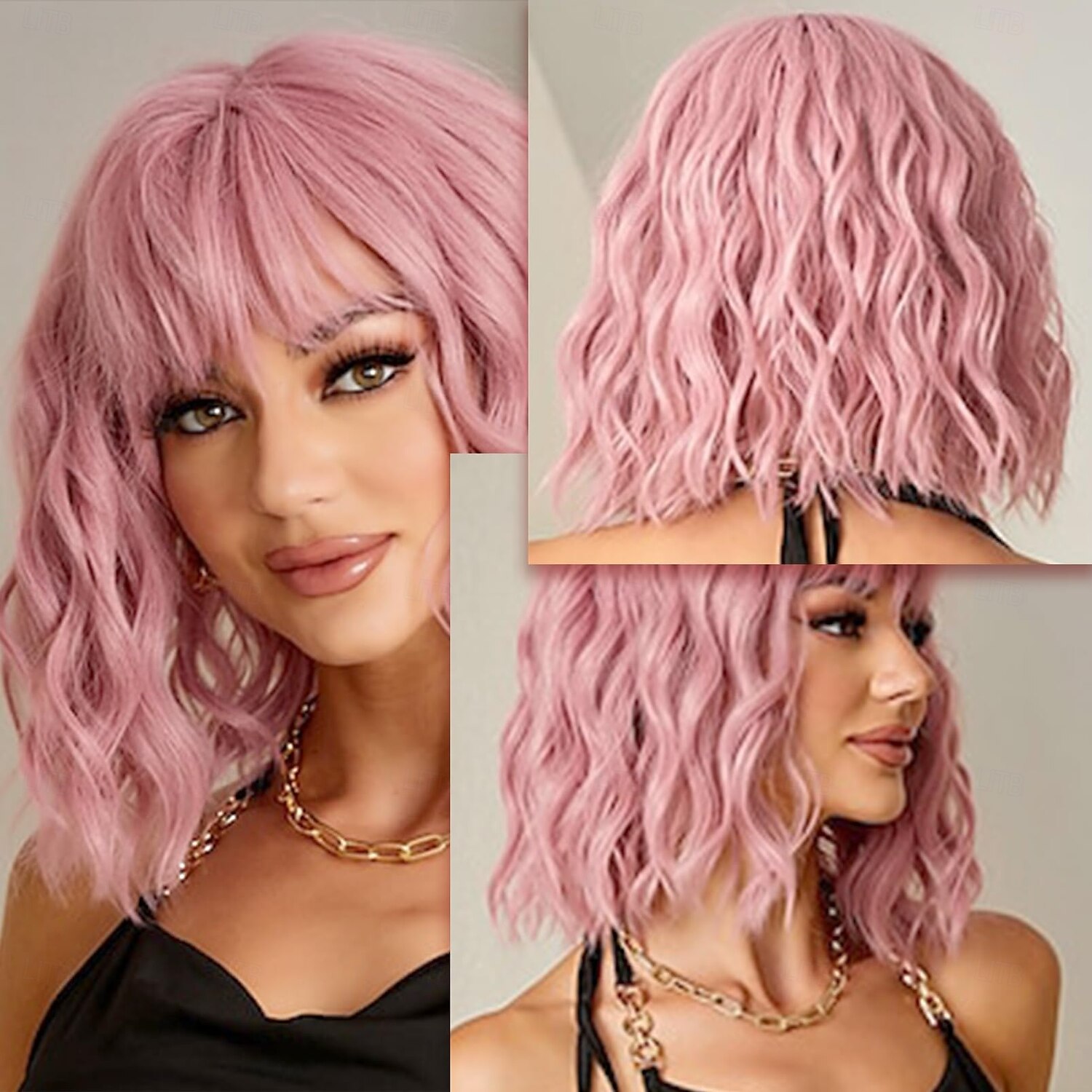 parrucca rosa per donna parrucca rosa bob con frangia, parrucche rosa chiaro corte e ondulate per costume cosplay del 2025 a $26.99 –P3
