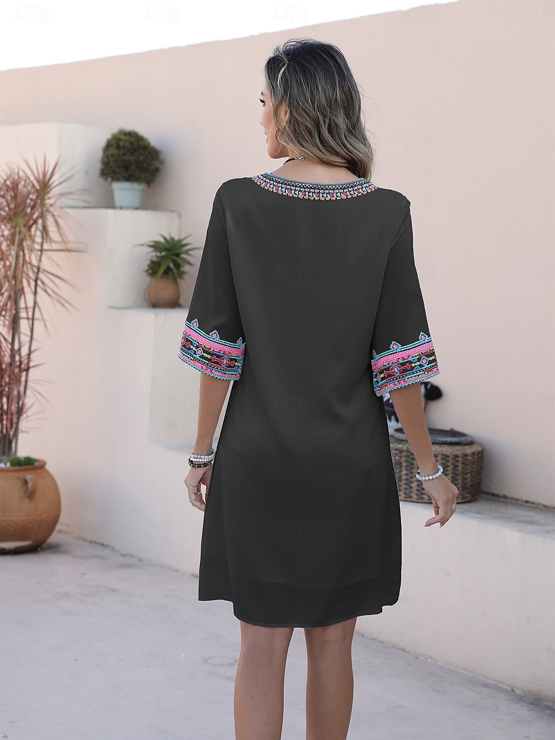 Valentine's Day Women's Normal Mini Dress Boho Chic Dresses A Line Dress Bohemia Stylish Classic Elbow Sleeve Vacation Party Casual Form Fit Floral Plain 3/4 Length Sleeve Crew Neck Black White Summer 2025 - $37.99 –P2