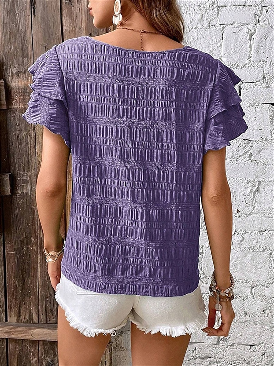 Women's Blouse Solid Color Elegant Daily Stylish Short Sleeve Crew Neck Regular Tops Daily Holiday Going out Ruffle Patchwork Sage Green Red Navy Blue Purple Green Summer Spring 2025 - $22.99 –P15