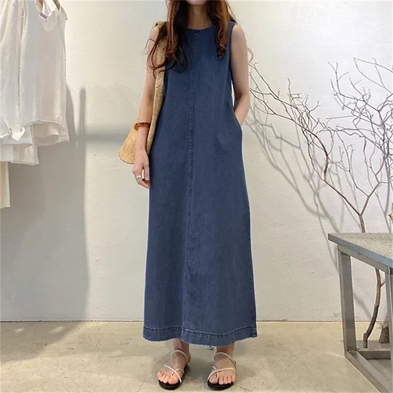 Dames Lange jurk maxi-jurk Denim jurk Casual jurk Zomerjurk Modieus Buiten Feestdagen Afspraakje Normale pasvorm Effen Mouwloos Strakke ronde hals Zwart blauw Donkerblauw Zomer Lente 2025 - $26.99 –P3