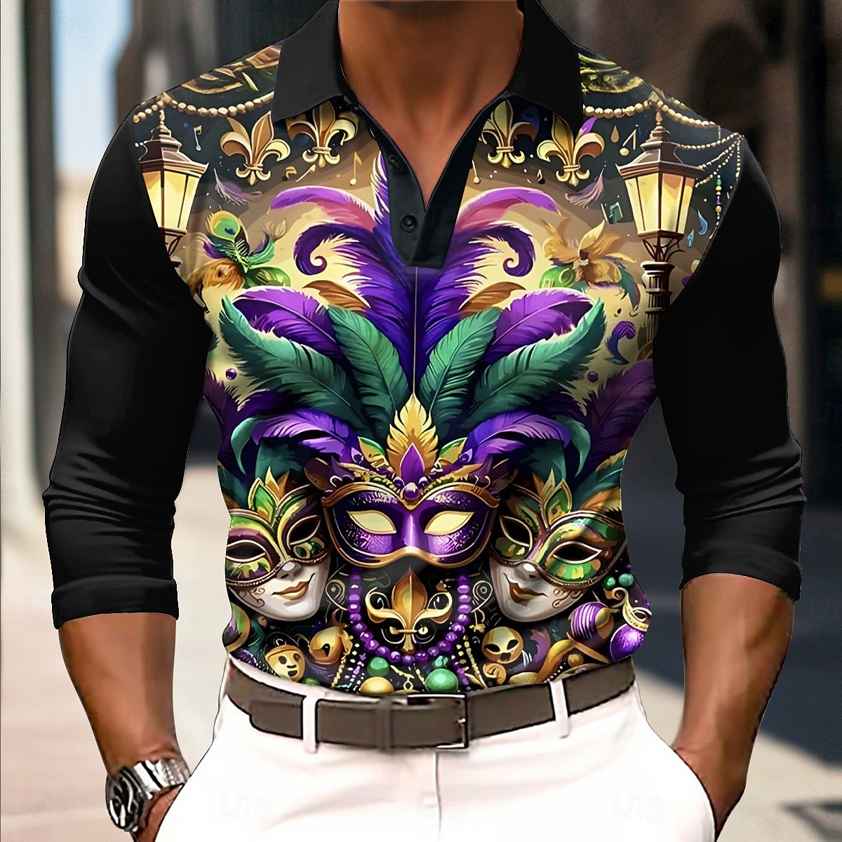 Карнавал Муж. Маски Поло Длинный рукав Футболки поло Рубашки с воротником Винтаж Фестивальный наряд 3D печать Весна Осень Зима Черный 2026 - $25.99 –P1