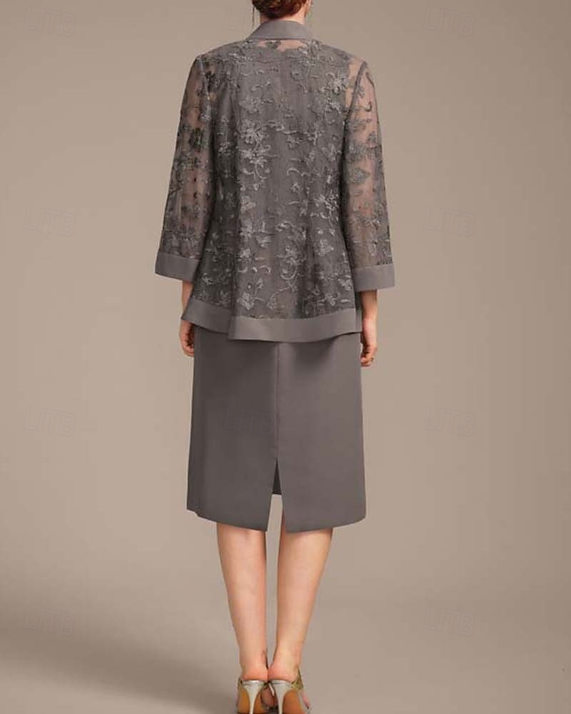 Mother of the Bride Dress Set Elegant Vintage Simple Jewel Neck Tea Length Chiffon FLoral Lace Long Sleeve with Jacket 2025 - $185.99 –P4