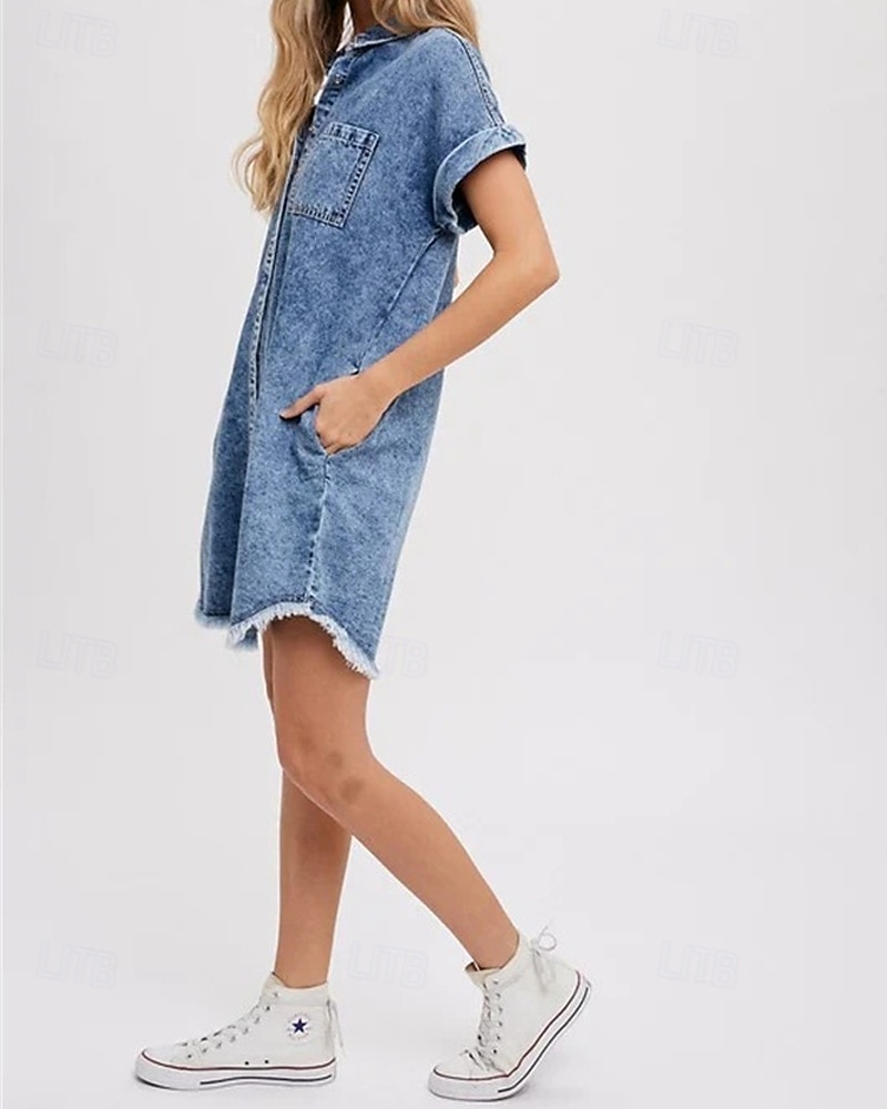 Dam Mini klänning Denimklänningar Vardagsklänning Sommarklänning Mode Utomhus Helgdag Datum Normal Slät Kortärmad Tröjkrage Blå Sommar Vår 2026 - $31.99 –P2