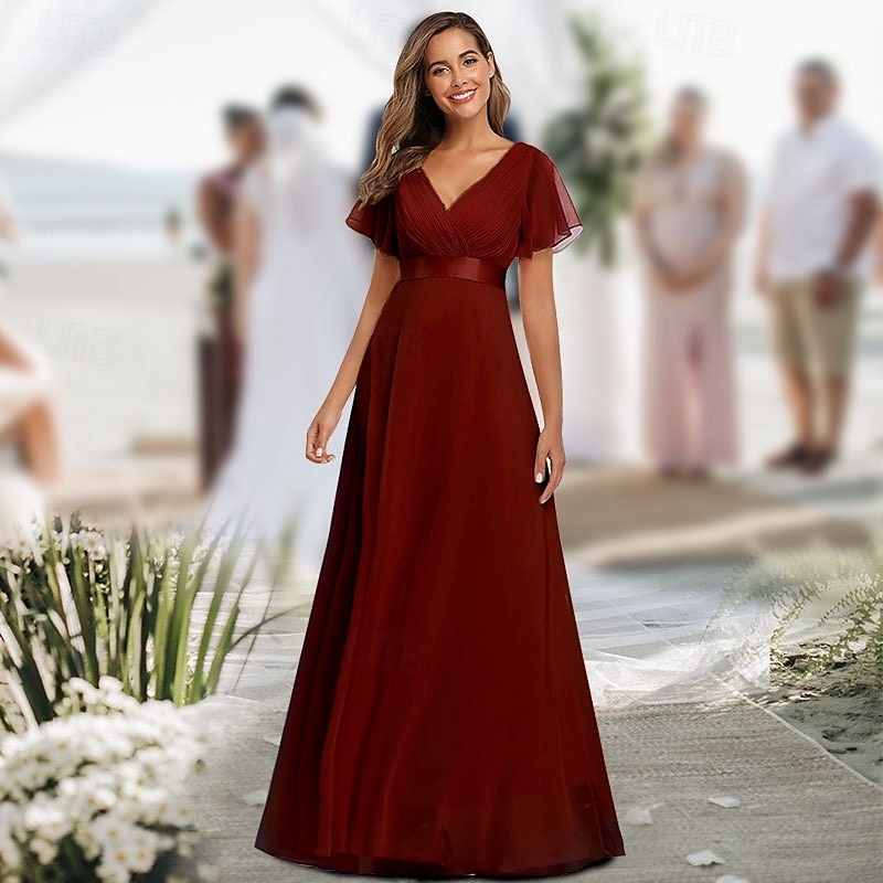 Abiti da Prom A-Line Abito Elegante Ospite di Matrimonio Laurea Lunghezza Piena Maniche Corte Collo a V Abito da Damigella Chiffon con Schiena a V e Rouches del 2025 a $84.99 –P3