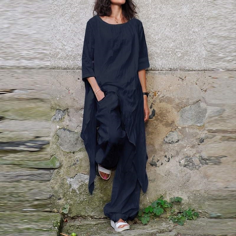 Damen Streetwear Betrübt Hemd Baumwoll-Leinen-Sets Zweiteilige Sets Leinenhosen Hosen Hose Halbarm Rundhalsausschnitt Einfarbig Kordelzug Alltagskleidung Date Armeegrün Marineblau Khaki Sommer 2025 - $29.99 –P9