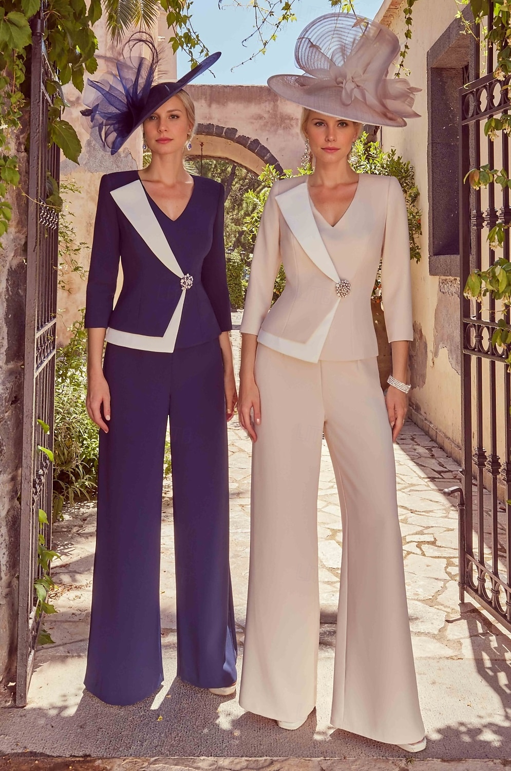 Pink Two Piece Pantsuits Mother of the Bride  Elegant Vintage V Neck Floor Length Stretch Fabric 3/4 Length Sleeve with Pearls Color Block  Race Day Dress 2025 - $169.99 –P2