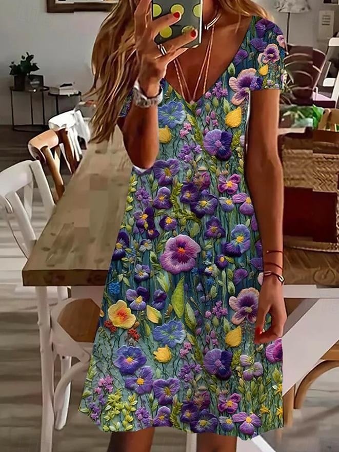 Női Mini ruha hétköznapi ruha Elegáns Tropikus Hawaii Napi Normál Virágos Rövid ujjú Terített nyak Kékeszöld Nyár 2025 - $23.99 –P1
